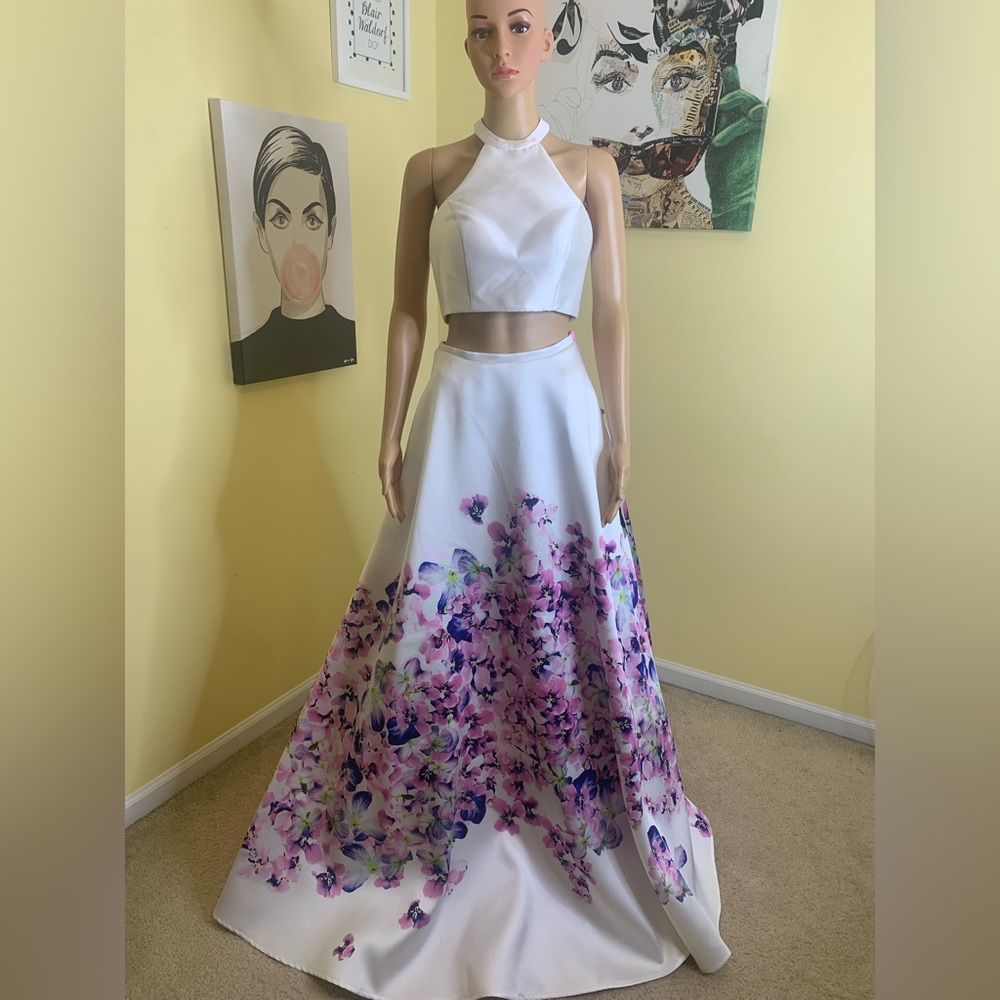 NWT BLUSH PROM 2-Piece Dress in White with Purple/Blue/Green Floral Print, Sz 2 - Picture 6 of 9